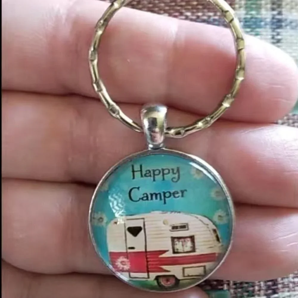 Happy Camper Keyring Fob Round Pendant Keepsake Gift Charm and Black Gift Pouch